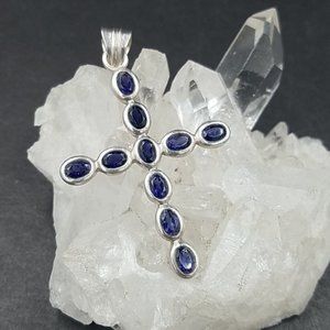 Vintage Sterling Iolite Cross Pendant Large